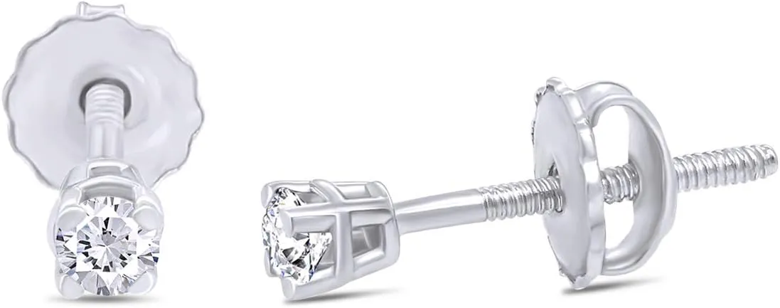 0.04 Cttw To 0.25 Cttw Round Cut White Natural Diamond 4-Prong Screw Back Solitaire Stud Earrings In 14k Gold Over Sterling Silver Jewelry For Women