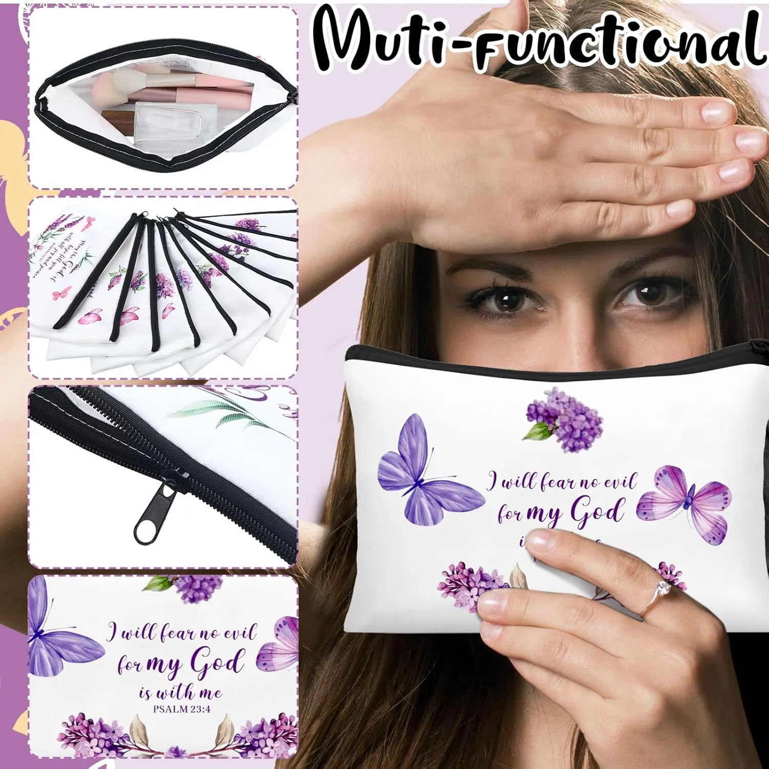 10 Pcs Mothers Day Gifts Bulk for Church Women's Christian Gift Purple Butterfly Lavender Religious Bible Makeup Bag Inspirational Toiletry Cosmetic Bag for Mom Teacher(Bible Verse)