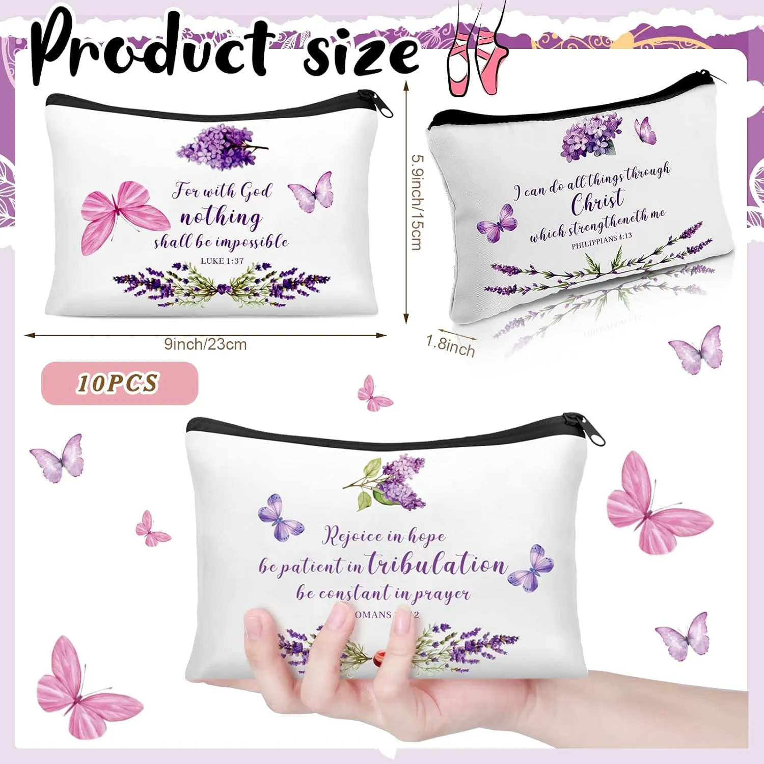10 Pcs Mothers Day Gifts Bulk for Church Women's Christian Gift Purple Butterfly Lavender Religious Bible Makeup Bag Inspirational Toiletry Cosmetic Bag for Mom Teacher(Bible Verse)
