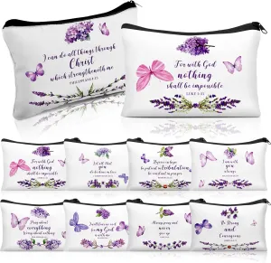 10 Pcs Mothers Day Gifts Bulk for Church Women's Christian Gift Purple Butterfly Lavender Religious Bible Makeup Bag Inspirational Toiletry Cosmetic Bag for Mom Teacher(Bible Verse)