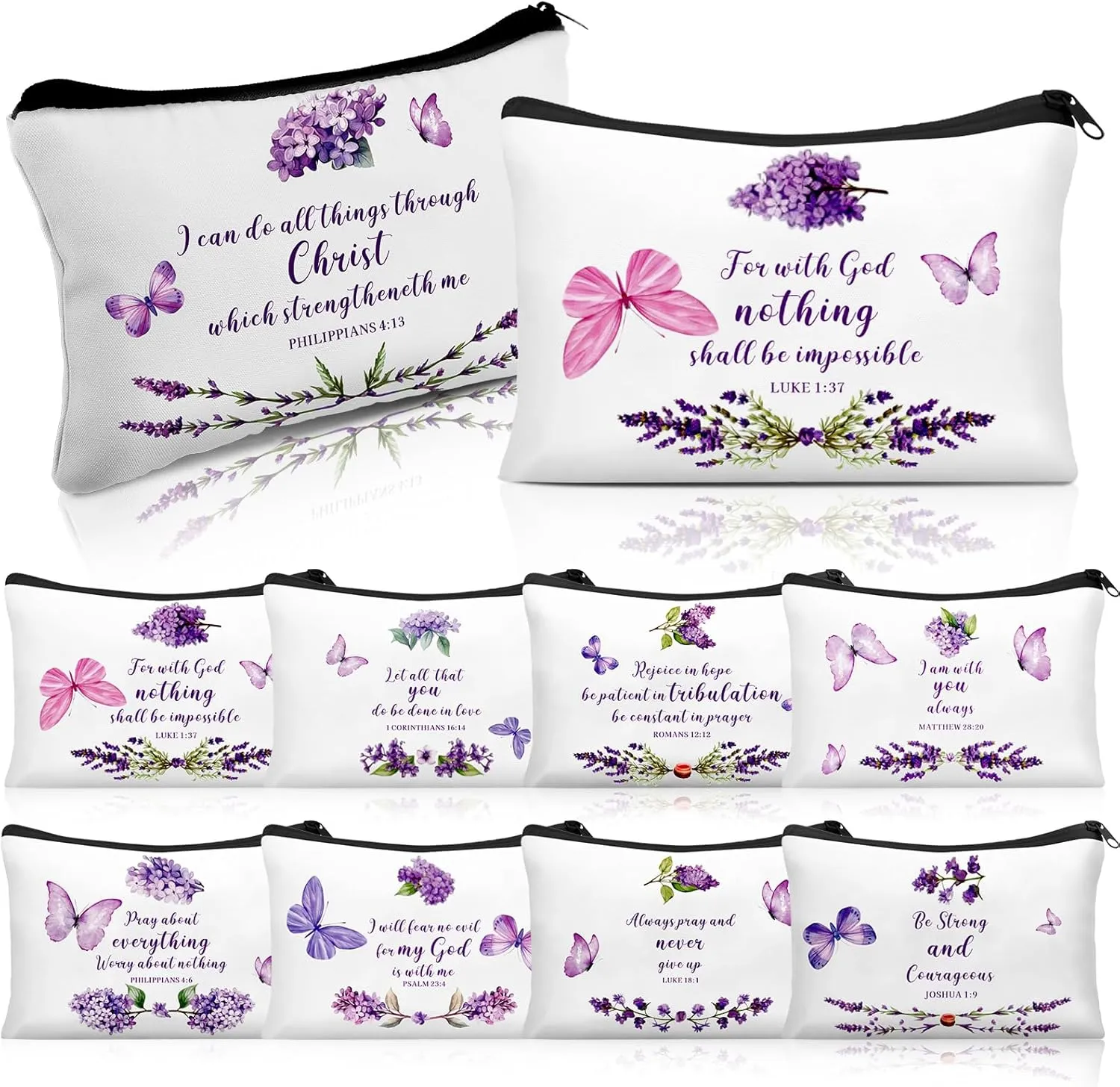 10 Pcs Mothers Day Gifts Bulk for Church Women's Christian Gift Purple Butterfly Lavender Religious Bible Makeup Bag Inspirational Toiletry Cosmetic Bag for Mom Teacher(Bible Verse)