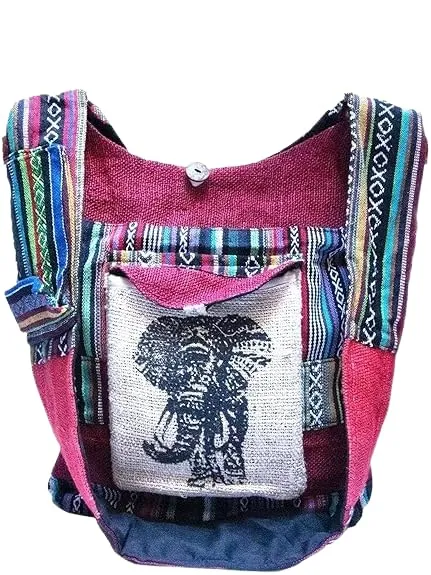 100% Hemp Crossbody Bag – Aztec Bohemian Style with Animal Designs (Elephant) – Large Shoulder Bag Handmade in Nepal