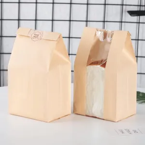 100PCS Paper Bakery Bags, Kraft Sourdough Bread Bag with Window, Include Label Seal Stickers, for Cookie/Biscuit/Donut/Pastry/Sandwich/Snacks/Treat Storage (13.8 x 8.3 x 3.5 Inch)