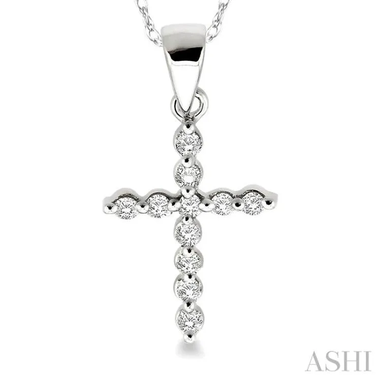 1/10 ctw Round Cut Diamond Cross Petite Pendant in 10K White Gold with Chain