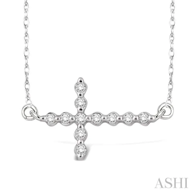1/10 ctw Round Cut Sideway Cross Pendant in 10K White Gold with Chain
