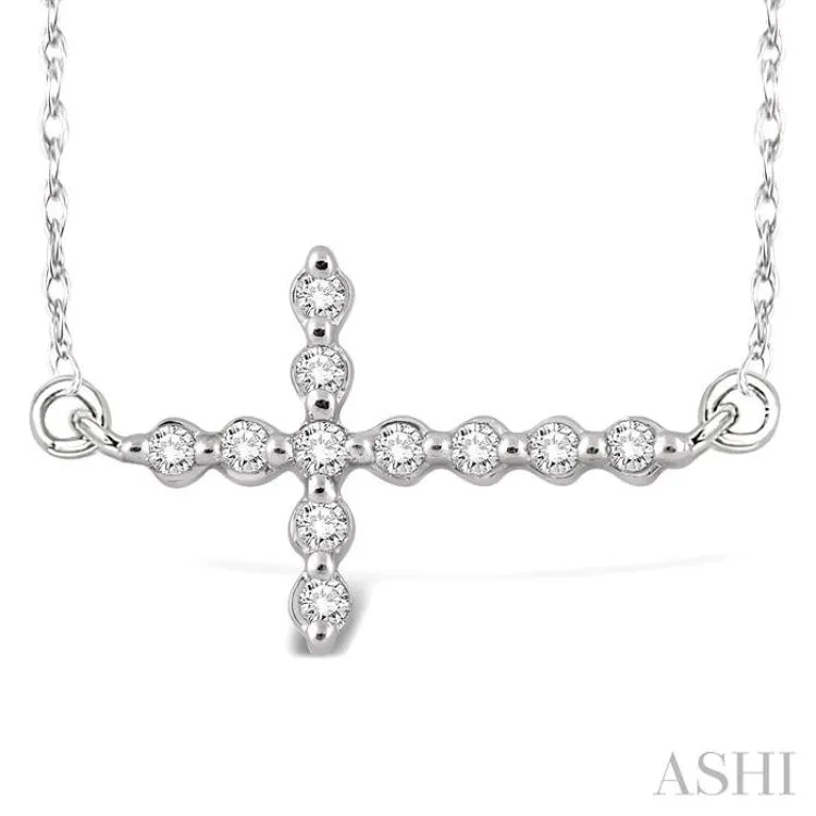 1/10 ctw Round Cut Sideway Cross Pendant in 10K White Gold with Chain