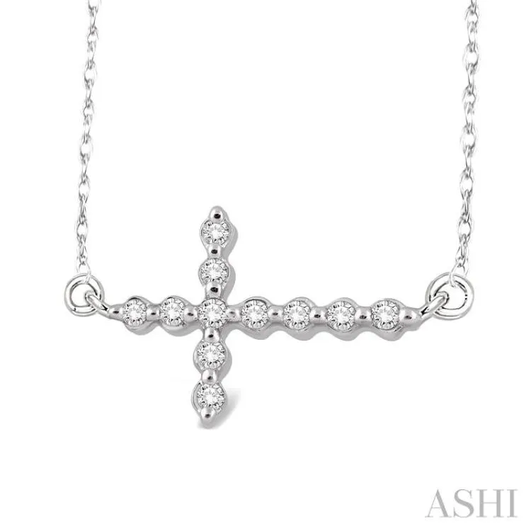 1/10 ctw Round Cut Sideway Cross Pendant in 10K White Gold with Chain