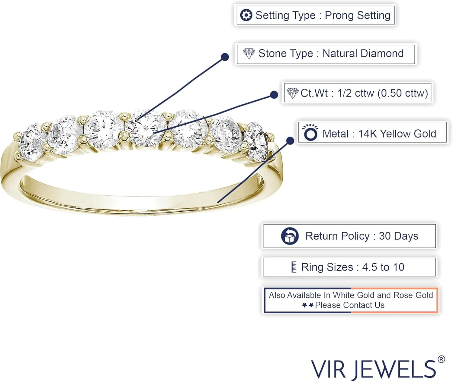 1/2 carat (ctw) Diamond Wedding Anniversary Band for Women, Round Diamond Engagement Ring 14K Yellow Gold Prong Set 0.50 cttw, Size 4-10