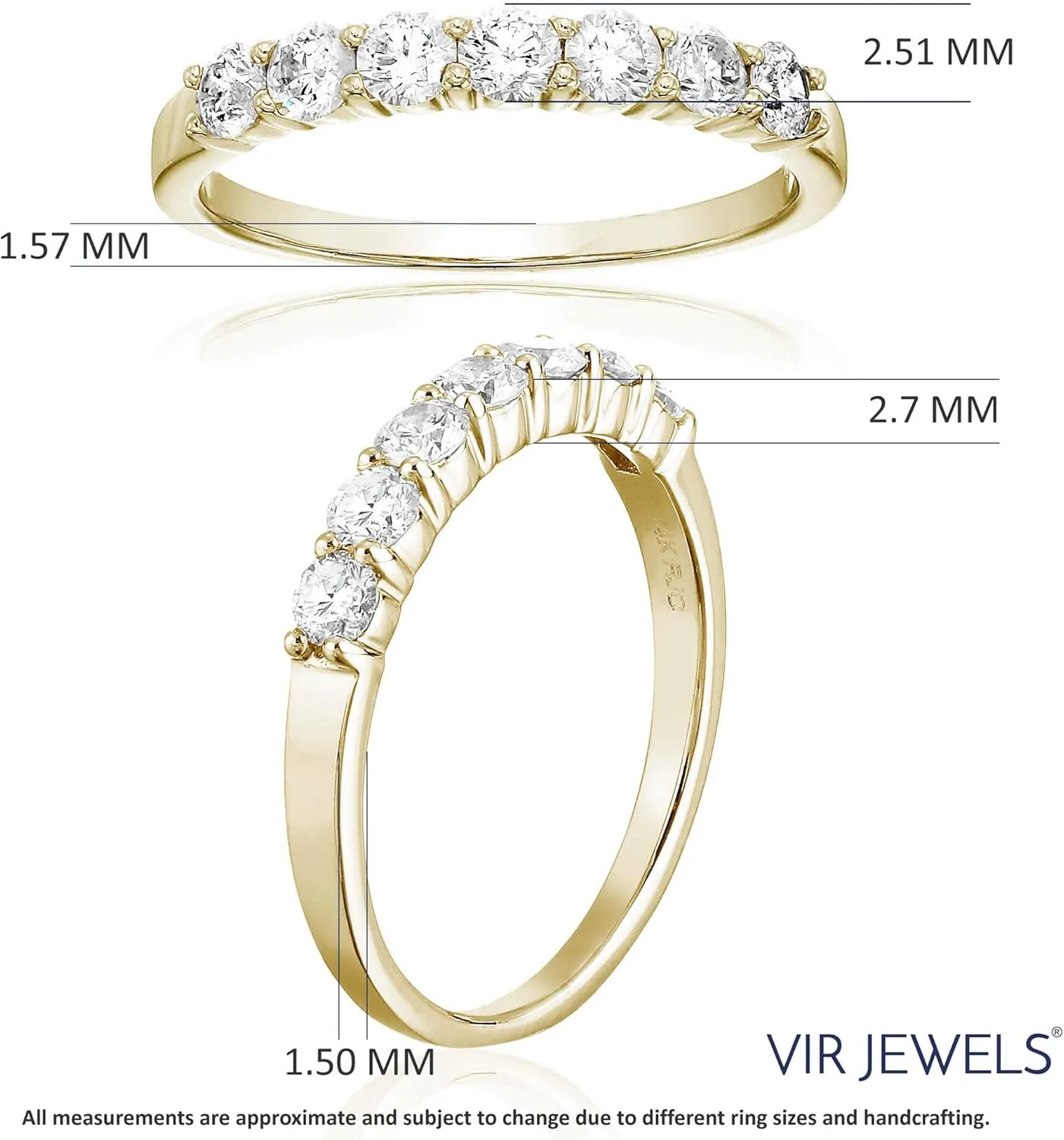 1/2 carat (ctw) Diamond Wedding Anniversary Band for Women, Round Diamond Engagement Ring 14K Yellow Gold Prong Set 0.50 cttw, Size 4-10