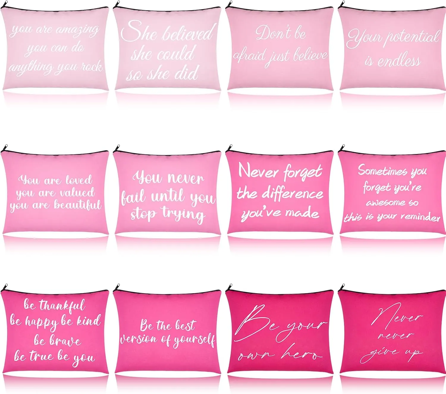 12 PCS Pink Inspirational Canvas Makeup Bags Bulk Makeup Bags for Women Inspirational Quotes Cosmetics Bags with Zipper Gift for Valentine's Day Christmas Graduation
