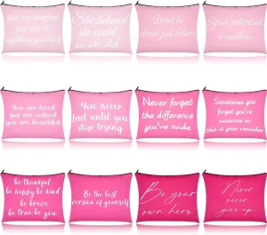 12 PCS Pink Inspirational Canvas Makeup Bags Bulk Makeup Bags for Women Inspirational Quotes Cosmetics Bags with Zipper Gift for Valentine's Day Christmas Graduation