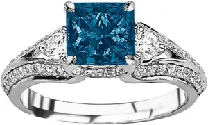 1.25 Carat t.w 14K White Gold Bostonian Three 3 Stone Split Shank Diamond Engagement Ring w/a 0.75 Carat Princess Cut Blue Diamond Heirloom Quality