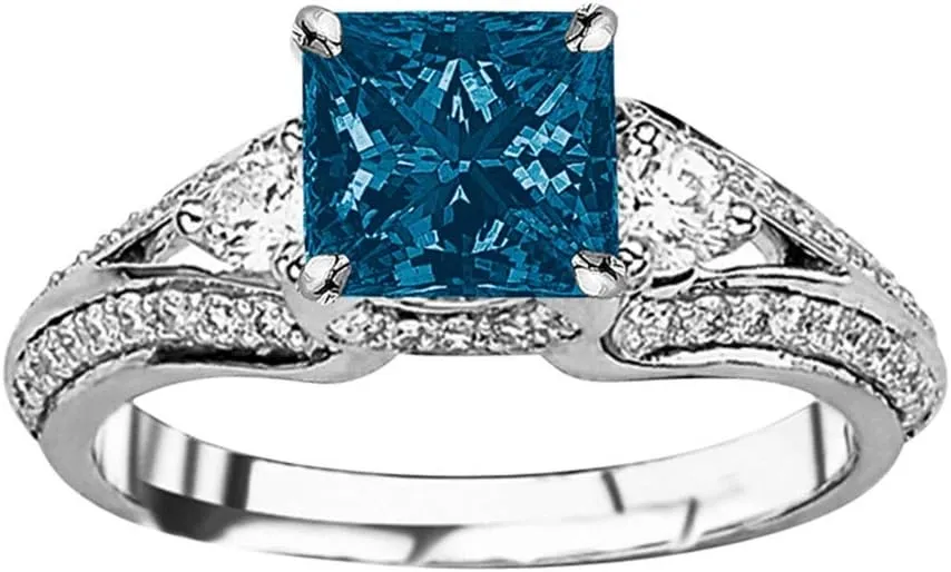 1.25 Carat t.w 14K White Gold Bostonian Three 3 Stone Split Shank Diamond Engagement Ring w/a 0.75 Carat Princess Cut Blue Diamond Heirloom Quality