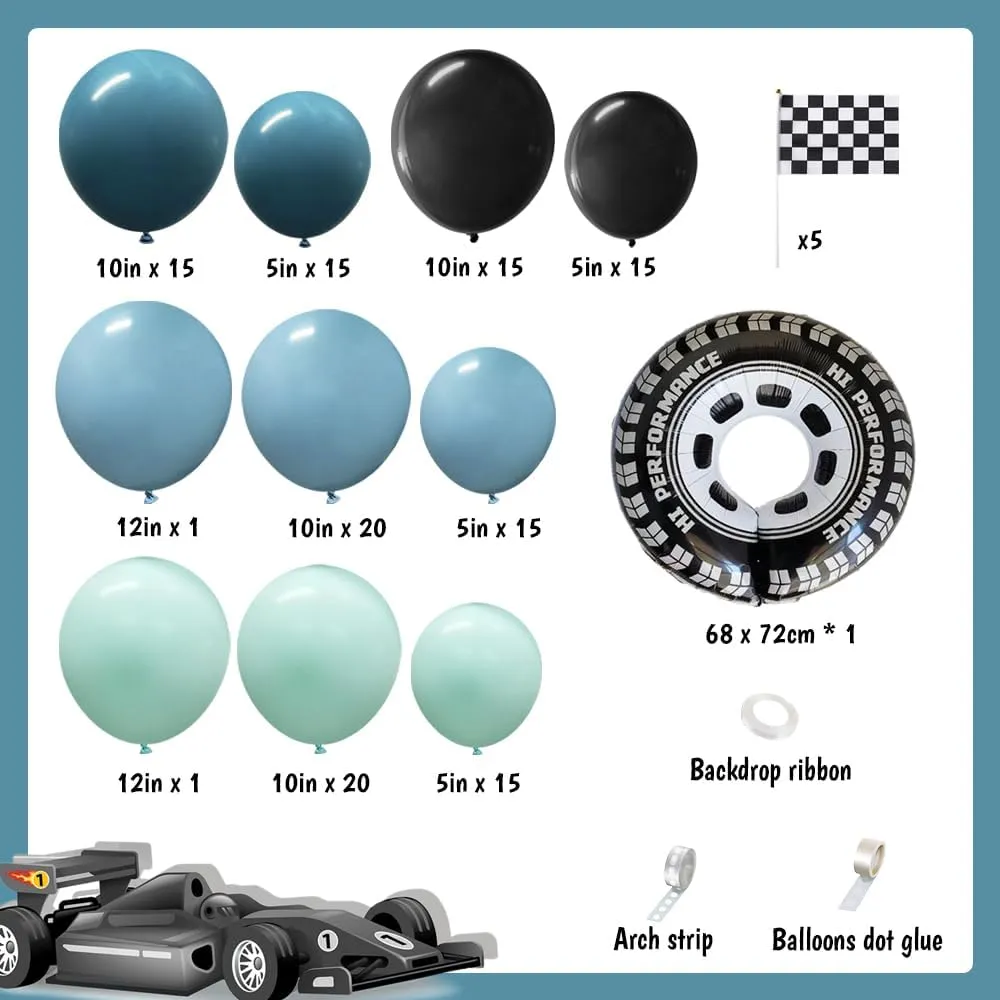 130PCS Race Car Balloon Garland Arch Kit Dusty Blue Black Balloon Wheel Checkered Foil Balloons Racing Car Birthday Baby Shower Party Decorations Fast One Two Fast Party Decorations