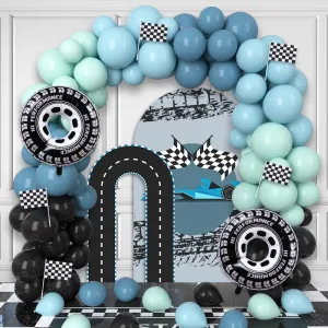 130PCS Race Car Balloon Garland Arch Kit Dusty Blue Black Balloon Wheel Checkered Foil Balloons Racing Car Birthday Baby Shower Party Decorations Fast One Two Fast Party Decorations