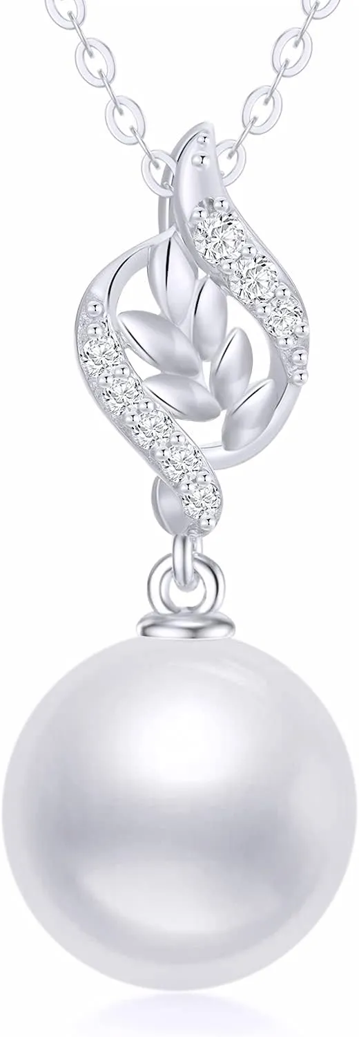 14k Gold Diamond Leaves Pearl Necklace for Women, Anniversary Jewelry for Wife, Birthday Gifts for Her (0.1ct Diamond, 9mm Freshwater Cultured Pearl), 16-18 Inch