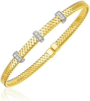 14k Two Tone Gold Narrow Basket Weave Bangle with Diamonds