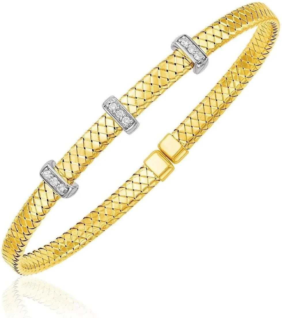 14k Two Tone Gold Narrow Basket Weave Bangle with Diamonds