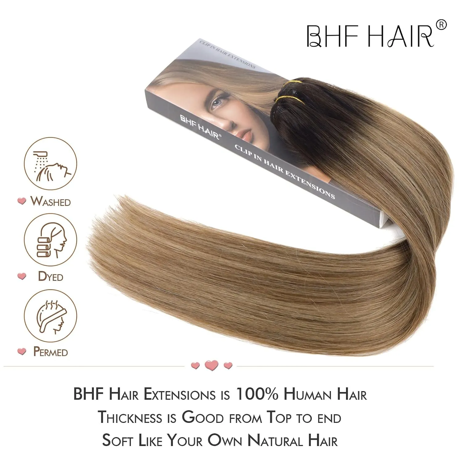 14" Clip in Remy Human Hair Extensions Dark Brown Fading to Chestnut Brown and Dirty Blonde Ombre Clip in Extensions Balayage Hair Extensions 100% Human Hair Extensions for Women 6 Pieces 70g / 2.45oz