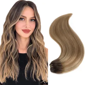 14" Clip in Remy Human Hair Extensions Dark Brown Fading to Chestnut Brown and Dirty Blonde Ombre Clip in Extensions Balayage Hair Extensions 100% Human Hair Extensions for Women 6 Pieces 70g / 2.45oz