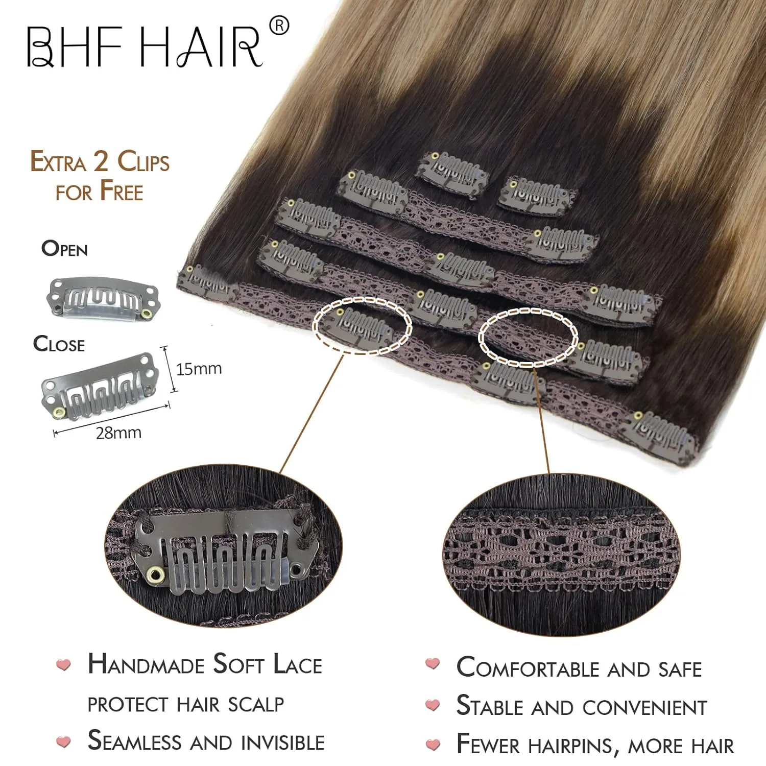 14" Clip in Remy Human Hair Extensions Dark Brown Fading to Chestnut Brown and Dirty Blonde Ombre Clip in Extensions Balayage Hair Extensions 100% Human Hair Extensions for Women 6 Pieces 70g / 2.45oz