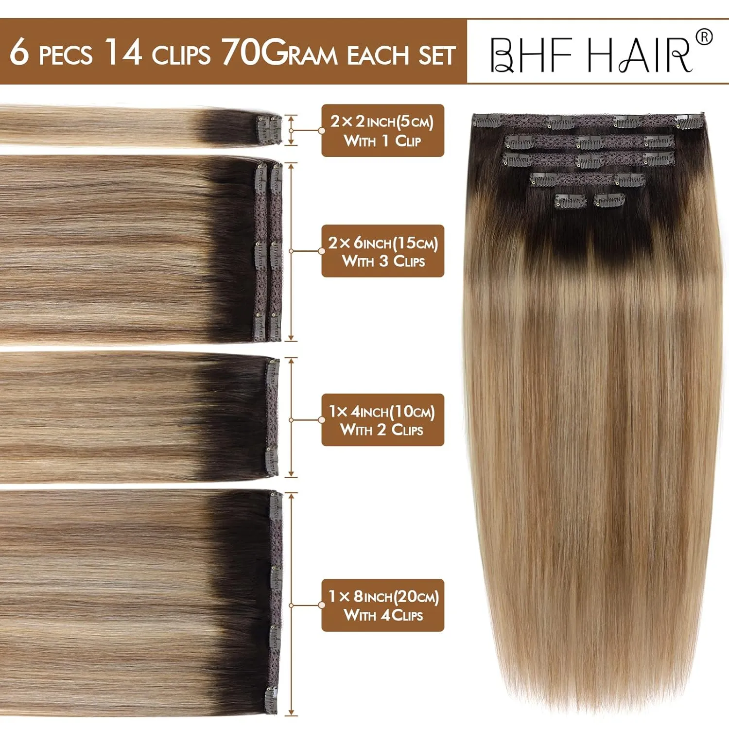 14" Clip in Remy Human Hair Extensions Dark Brown Fading to Chestnut Brown and Dirty Blonde Ombre Clip in Extensions Balayage Hair Extensions 100% Human Hair Extensions for Women 6 Pieces 70g / 2.45oz
