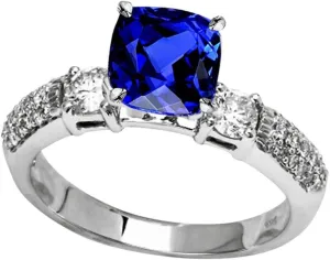 1.55 Carat t.w 14K White Gold Three Row Bostonian 3 Stone Pave Set Diamond Engagement Ring w/a 1 Carat Cushion Cut Purple Tanzanite Heirloom Quality