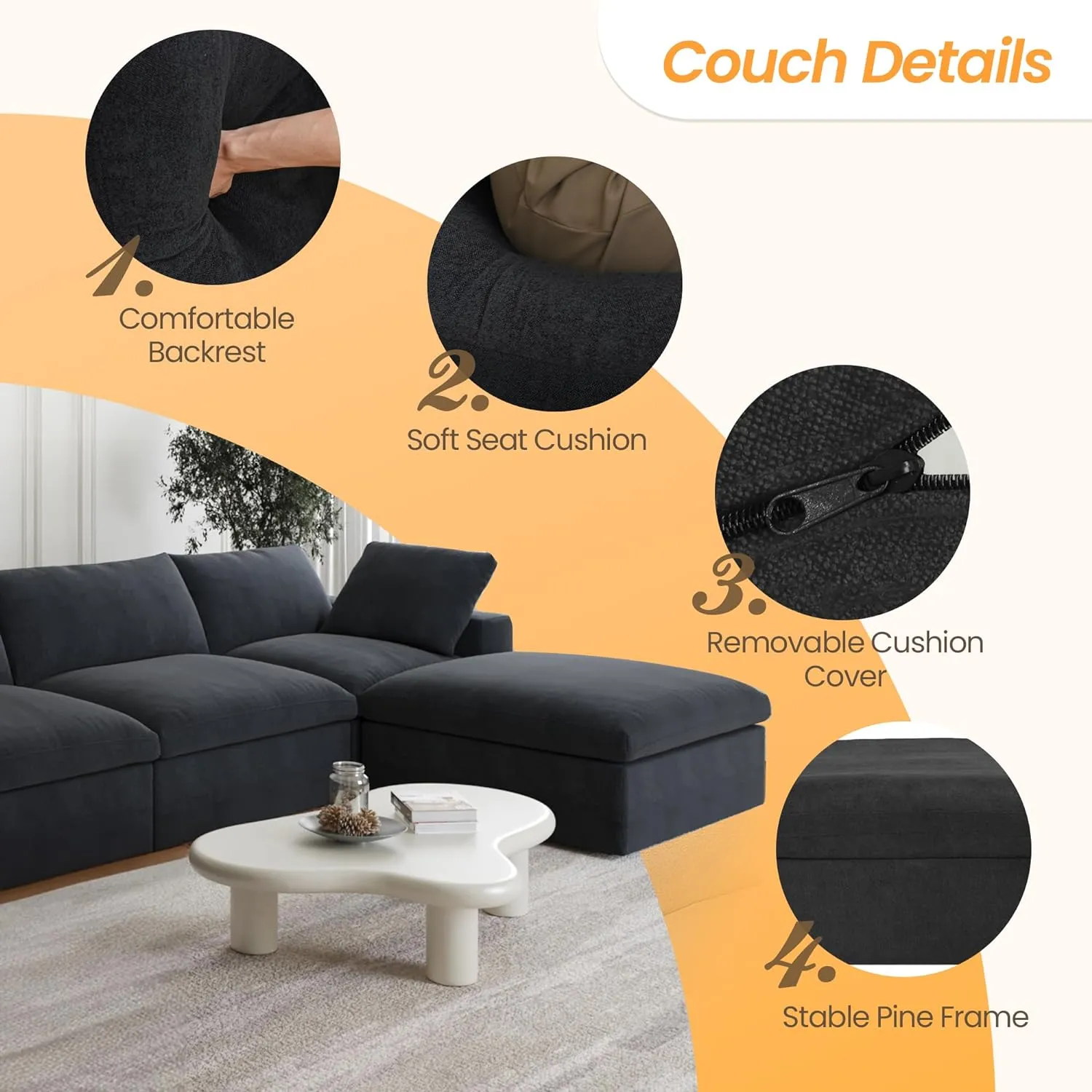160.6" U-Shaped Sectional Couch, Modern Modular Convertible Sofa with Chaise Ottomans, Deep 4-Seats Comfy Sectional Cloud Couches for Living Room/Apartment, Bedroom (Black)