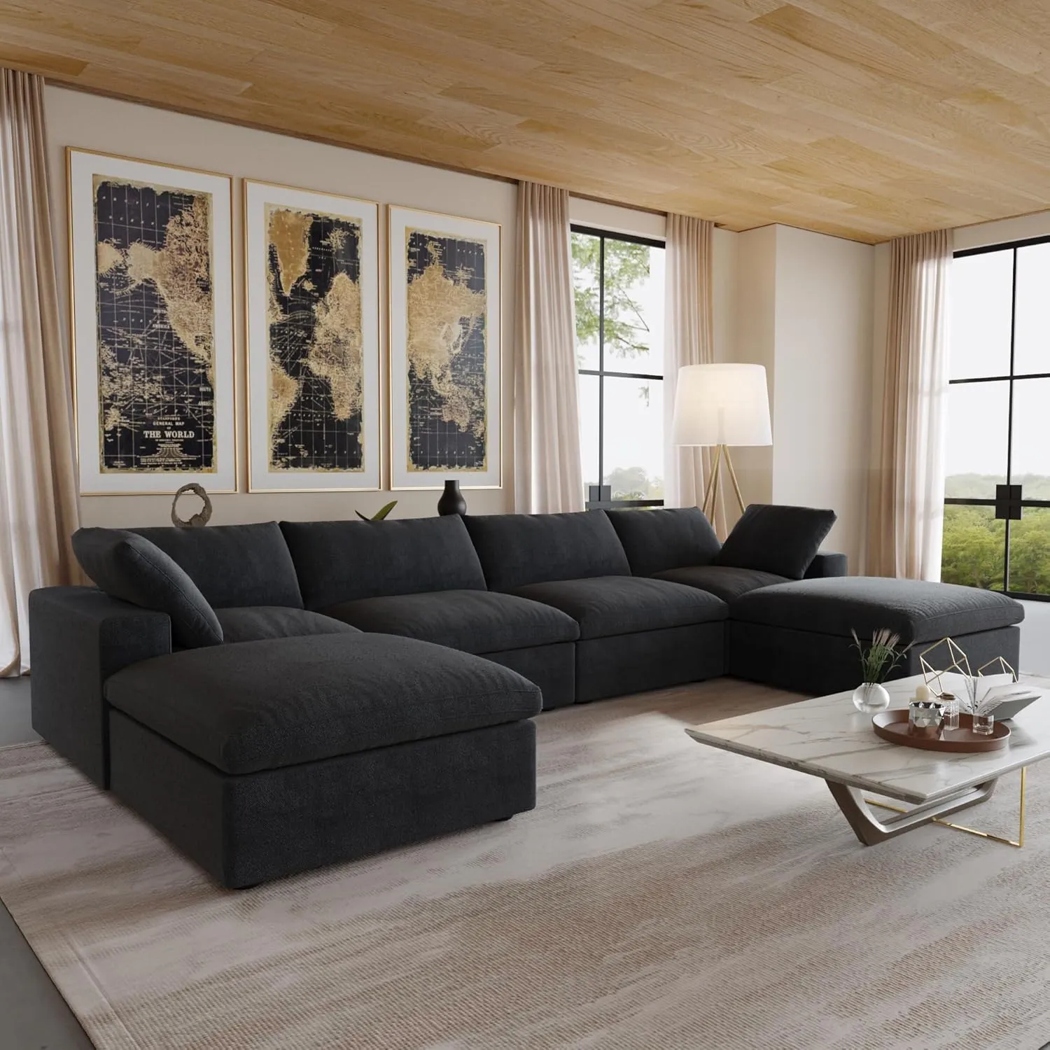160.6" U-Shaped Sectional Couch, Modern Modular Convertible Sofa with Chaise Ottomans, Deep 4-Seats Comfy Sectional Cloud Couches for Living Room/Apartment, Bedroom (Black)