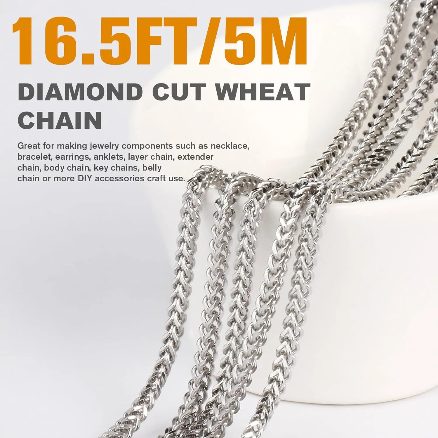 16.5 FT Stainless Steel Wheat Chains Bulk, 2.5 mm 304 Stainless Steel Diamond Cut Foxtail Chains Square Franco Chain Roll Spool for Jewelry Making