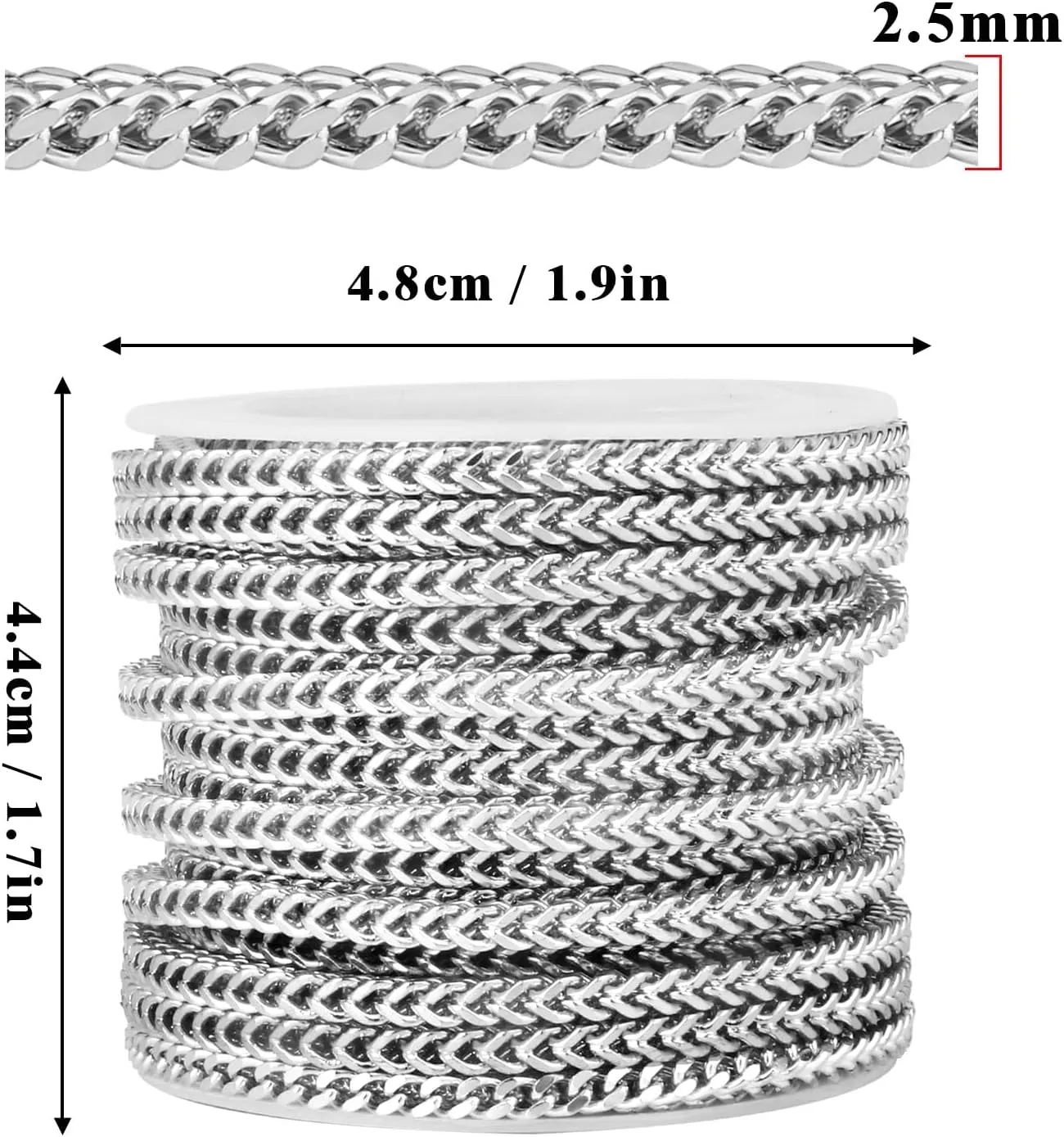 16.5 FT Stainless Steel Wheat Chains Bulk, 2.5 mm 304 Stainless Steel Diamond Cut Foxtail Chains Square Franco Chain Roll Spool for Jewelry Making