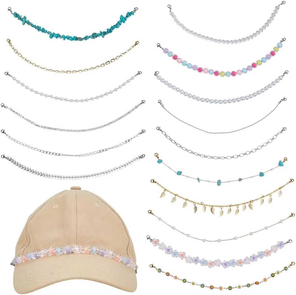 16Pcs Trucker Hat Chains Decorative Hat Chains Charms Pearl Beads Flower Leaf Synthetic Turquoise Hat Chain Decorations Hat Jewelry Accessries for Craft Hat Handbag Decorations