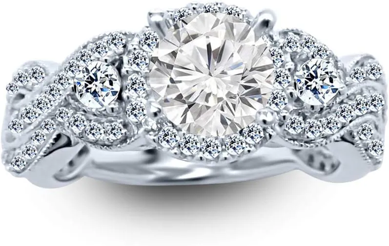 1.75 Carat Classic Lab Grown Synthetic Round 3 Stone Bostonian Twisting IGI Certified Diamond Engagement Ring (0.75 Ct, H-I Color, VS1-VS2 Clarity Center)