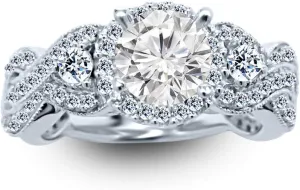 1.75 Carat Classic Lab Grown Synthetic Round 3 Stone Bostonian Twisting IGI Certified Diamond Engagement Ring (0.75 Ct, H-I Color, VS1-VS2 Clarity Center)