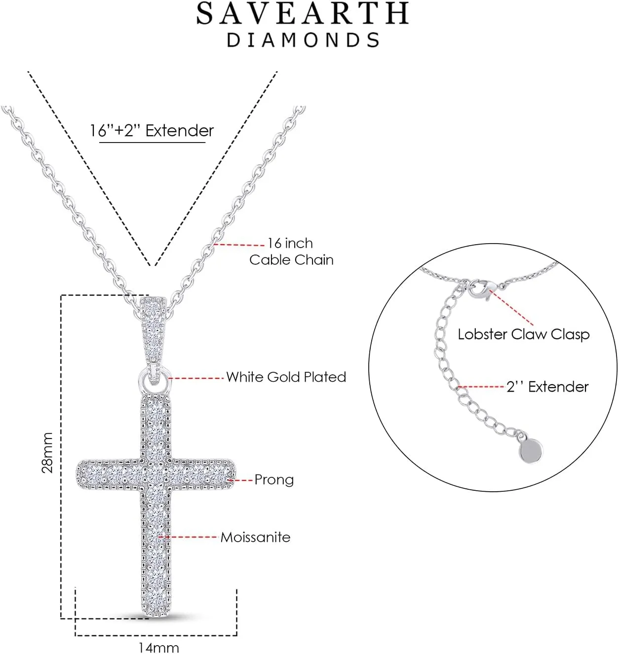 18K Gold Plated Moissanite Cross Necklace | 0.36 Ctw Moissanite Diamond Jesus Christian Religious Crucifix Pendant Necklace for Men Women | 16" 2” Adjustable Chain