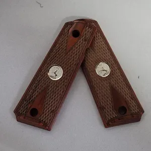 1911 Colt Rosewood Double Diamond Checkered Full Size Grips with Silver Medallions
