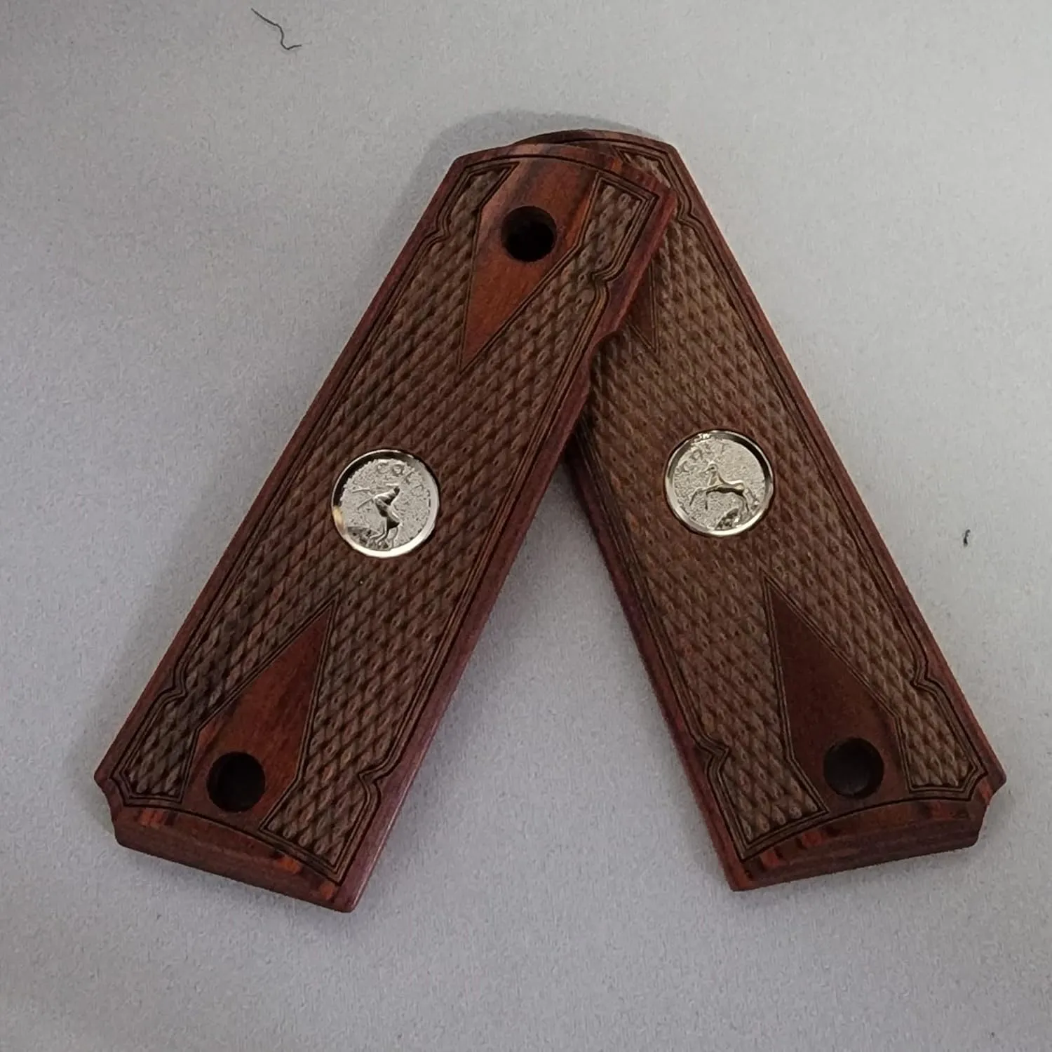 1911 Colt Rosewood Double Diamond Checkered Full Size Grips with Silver Medallions