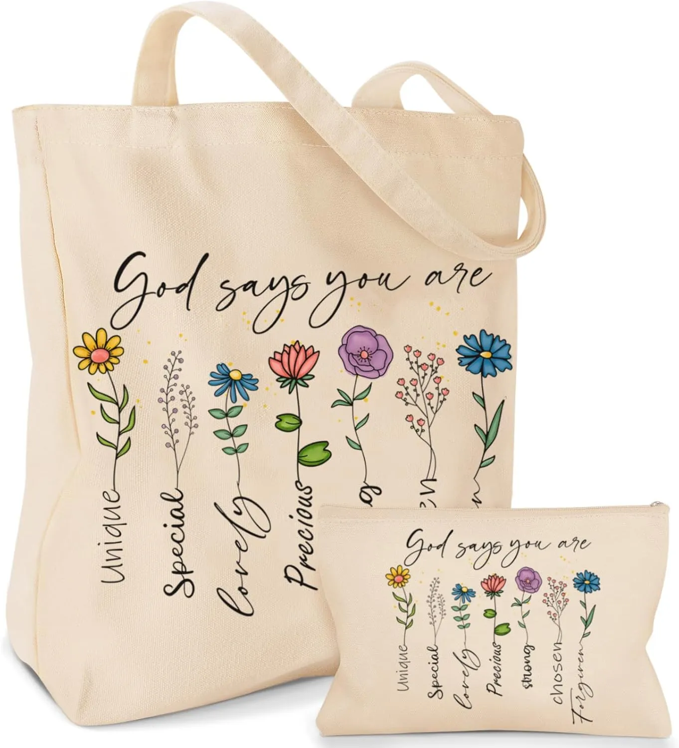2 Pack Christian Bible Canvas Tote Bag for Women with Makeup Bag Gods Says You Are Bags Floral Tote Bag Aesthetic