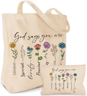 2 Pack Christian Bible Canvas Tote Bag for Women with Makeup Bag Gods Says You Are Bags Floral Tote Bag Aesthetic