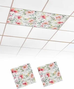 2 Pack Fluorescent Light Cover for Ceiling Lights, Pink Floral Magnetic Classroom Light Filters 4x2 Feet, Spring Pastoral Botanical Leaves Wooden Decorative Ceiling Shade Panel for Office