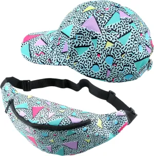2 Pcs 80s 90s Fanny Pack and Visor Hats Set 80s Retro Adjustable Waist Bag 90s Neon Baseball Caps for Men Women Teen