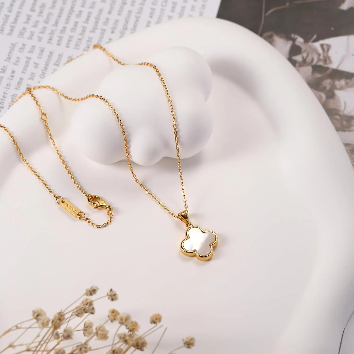 2 Side Four Leaf Clover Necklace for Women | Mother of Pearl Clover Pendant Necklace | Gold Plated Clover Necklace|14K Gold Plated Jewelry Gifts