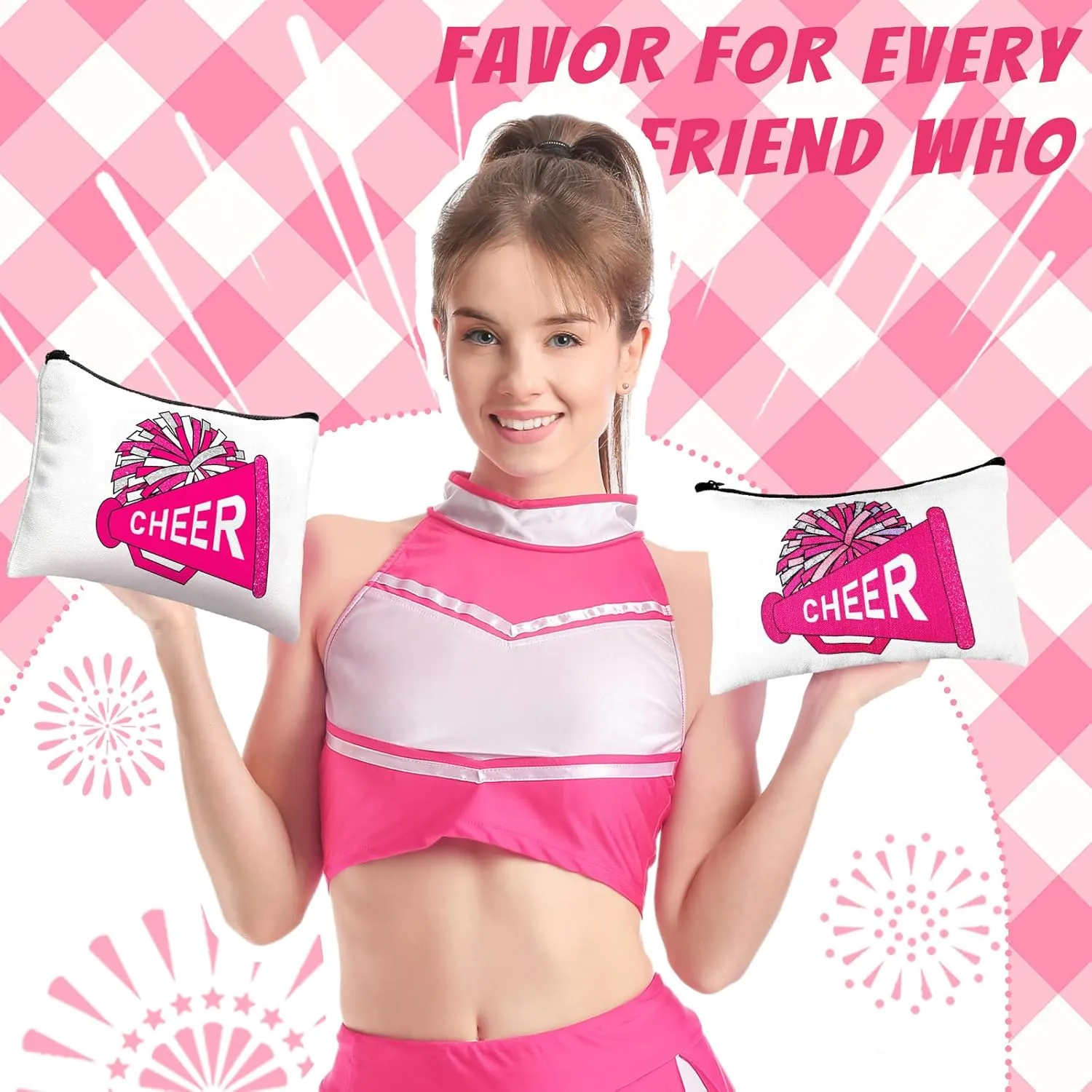 20 Pcs Cheer Makeup Bag Cheer Teams Gifts Canvas Makeup Case Cheerleader Teams Gifts Zipper Pouch for cheerleading Teammates Party Supplies(Pink)
