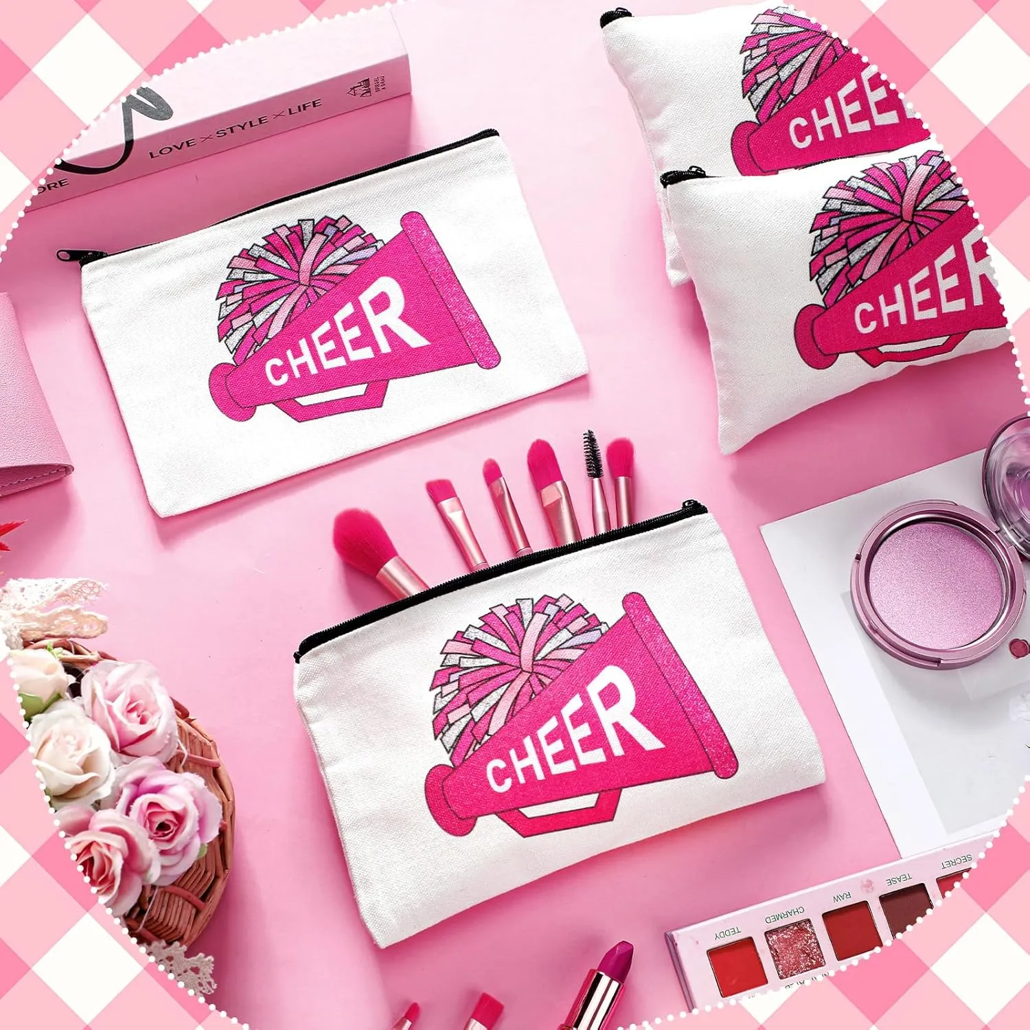 20 Pcs Cheer Makeup Bag Cheer Teams Gifts Canvas Makeup Case Cheerleader Teams Gifts Zipper Pouch for cheerleading Teammates Party Supplies(Pink)