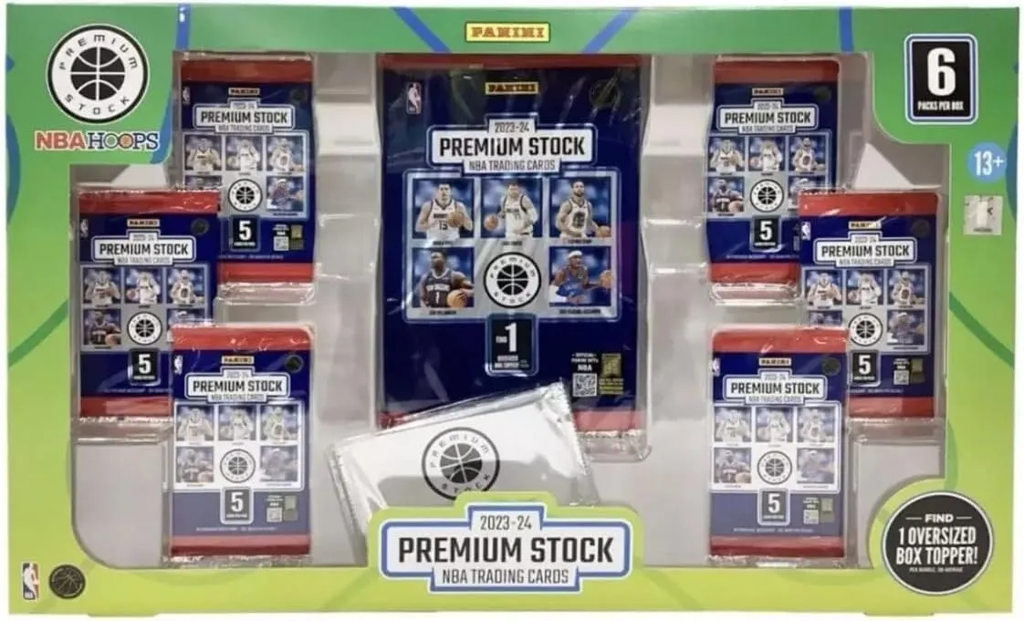 2023-2024 Panini NBA Premium Stock Collection Flagship Trading Card Box (1 Oversized Box Topper   6 Packs   1 Bonus Pack Featuring Exclusive Pulsar Prizms)