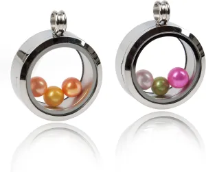 2PCS 30MM Floating Charm Locket Necklace with 6 Freshwater Pearls,316L Stainless Steel Clear Glass Locket,Small Waterproof Living Memory Pendant for Women(Without Chain)