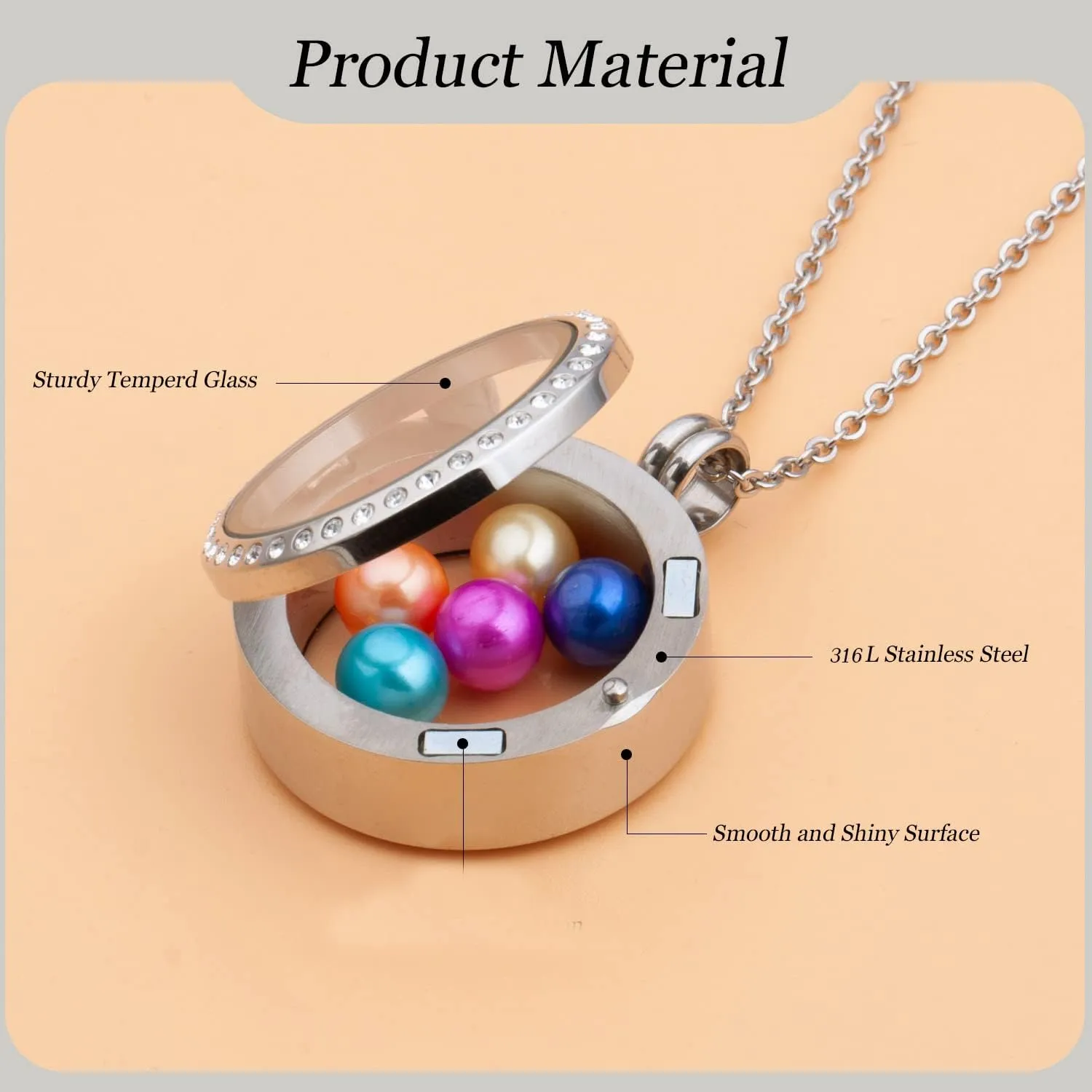 2PCS 30MM Floating Charm Locket Necklace with 6 Freshwater Pearls,316L Stainless Steel Clear Glass Locket,Small Waterproof Living Memory Pendant for Women(Without Chain)