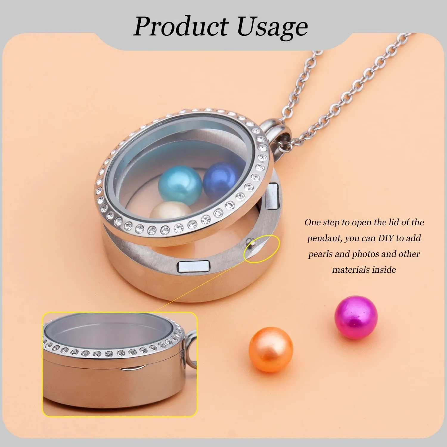 2PCS 30MM Floating Charm Locket Necklace with 6 Freshwater Pearls,316L Stainless Steel Clear Glass Locket,Small Waterproof Living Memory Pendant for Women(Without Chain)