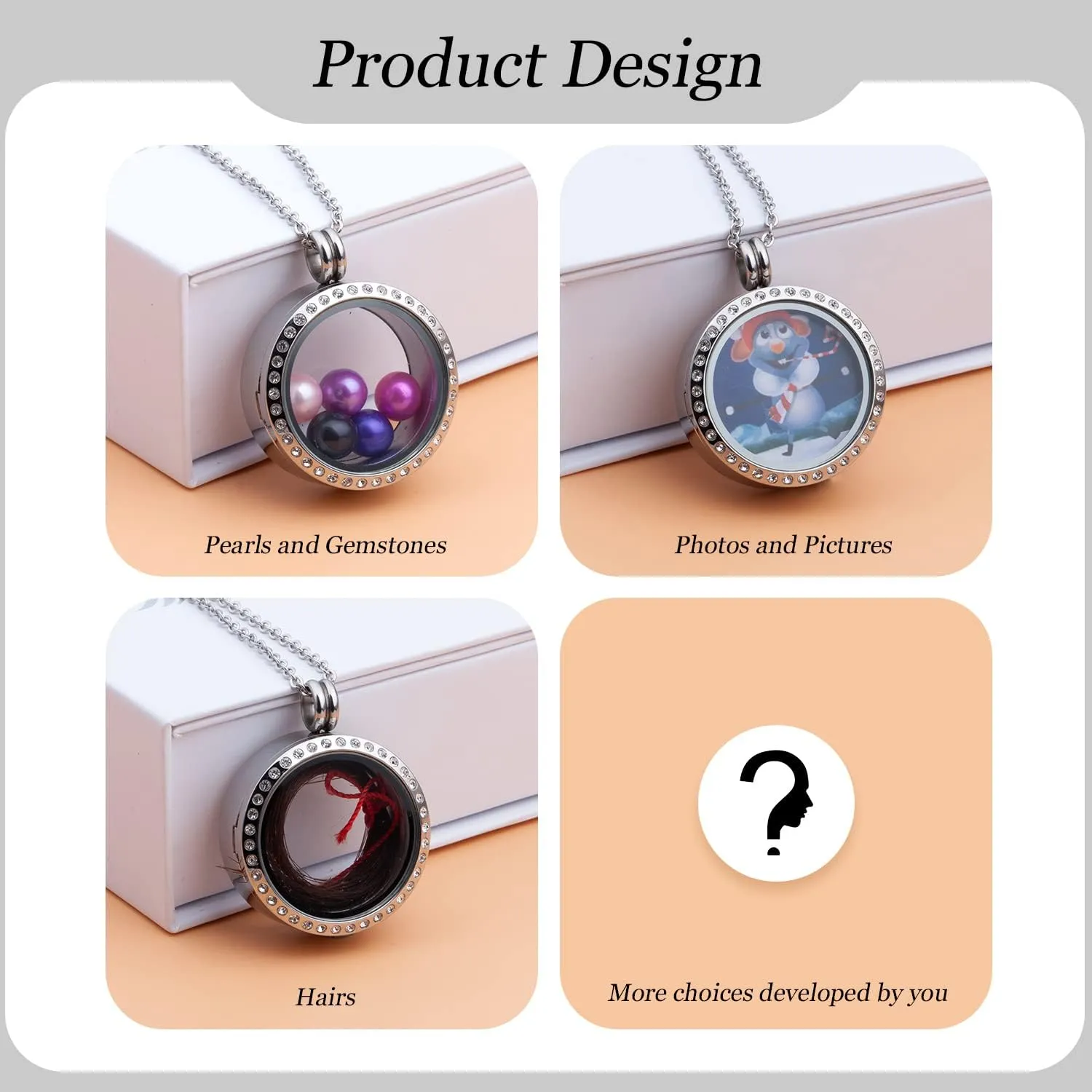 2PCS 30MM Floating Charm Locket Necklace with 6 Freshwater Pearls,316L Stainless Steel Clear Glass Locket,Small Waterproof Living Memory Pendant for Women(Without Chain)