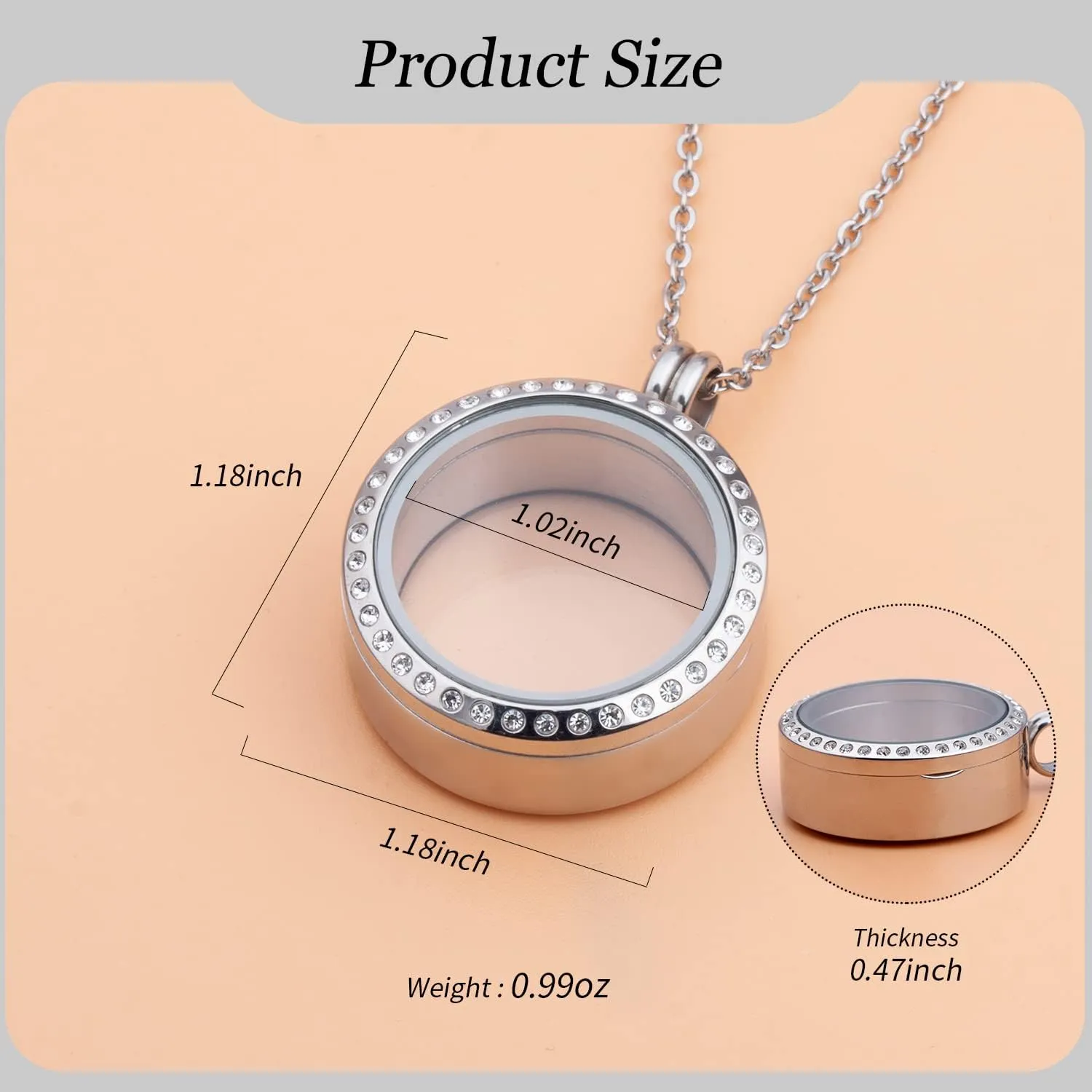 2PCS 30MM Floating Charm Locket Necklace with 6 Freshwater Pearls,316L Stainless Steel Clear Glass Locket,Small Waterproof Living Memory Pendant for Women(Without Chain)